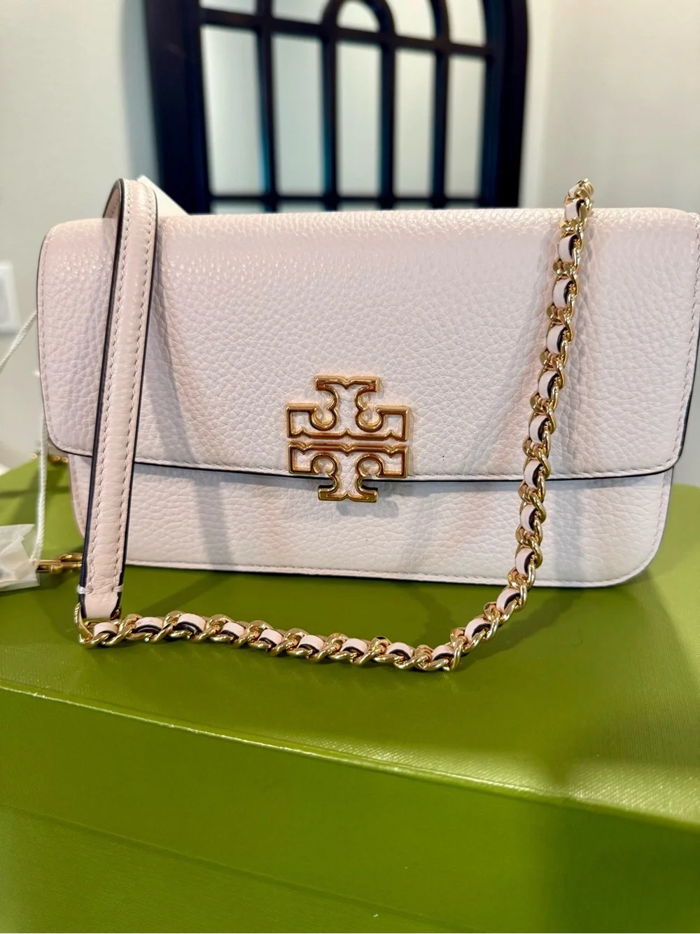 Tory Burch Blush Pebbled Leather Chain-Shoulder Crossbody with Gold Logo